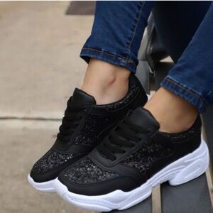 MKS Mia Black Glitter Sparkly Lace Up Platform Lightweight Comfy Sneakers Size 8